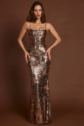 Embellished Straight-Neck Maxi Dress in Black Gold Foil