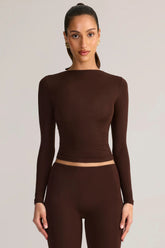 Modal Ruched Long-Sleeve Top in Chocolate Brown