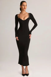 Modal Peekaboo Long-Sleeve Midi Dress in Black