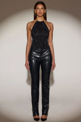 Faux Croc-Leather Straight-Leg Trousers in Black