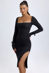 Modal Square-Neck Long-Sleeve Midi Dress in Black