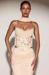 Embellished Lace-Up Corset Top With Scarf in Gold