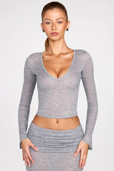 Sheer Jersey Plunge Long-Sleeve Top in Grey