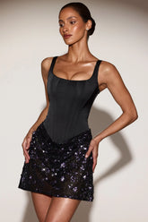 Satin Corset Embellished Skirt Mini Dress in Black Purple