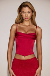 Satin Cowl-Neck Lace-Up Corset Top in True Red