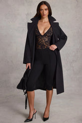 Sheer Lace Scalloped Plunge-Neck Bodysuit in Black