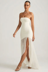 Asymmetric Strapless Fishtail Maxi Dress in Ivory