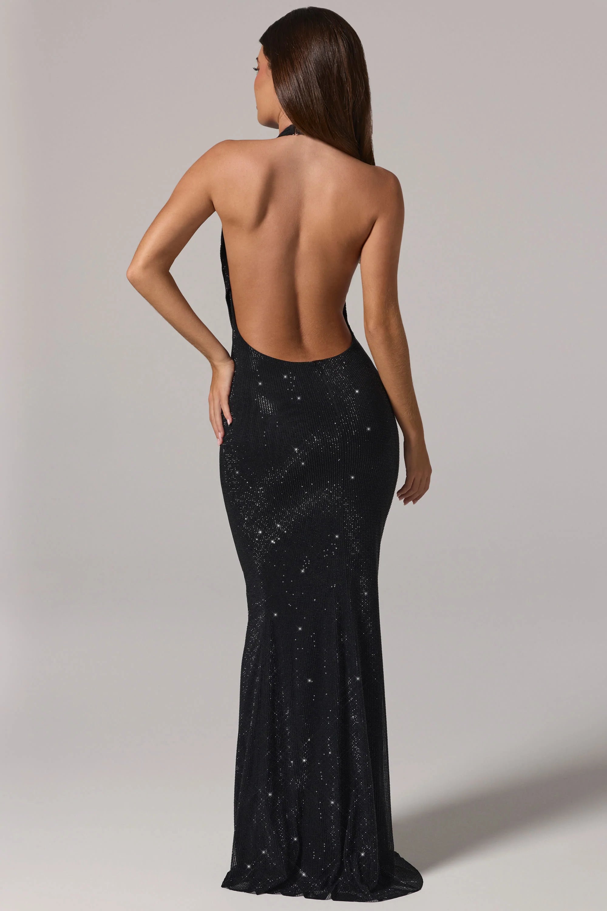 Embellished Cowl-Neck Backless Gown in Black