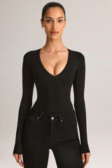 Modal Plunge Long-Sleeve Bodysuit in Black