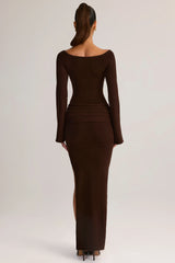 Rib-Knit Boat-Neck Long-Sleeve Maxi Dress in Chocolate Brown