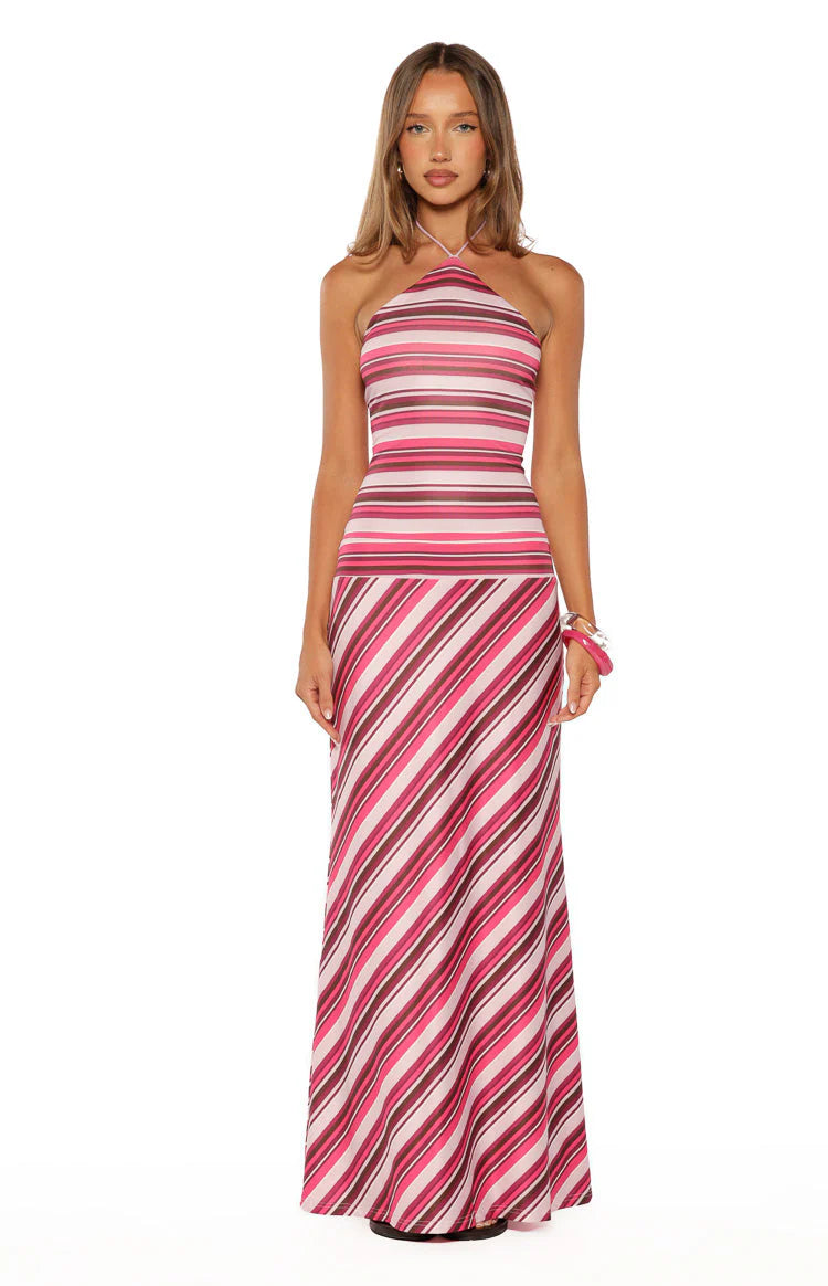 Nicoby Pink Multi Stripe Halter Maxi Dress