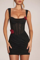 Corseted Draped Skirt Mini Dress in Black
