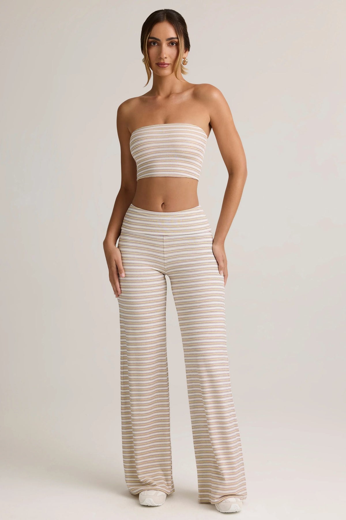 Modal Foldover Wide-Leg Trousers in Pink & Yellow Stripe