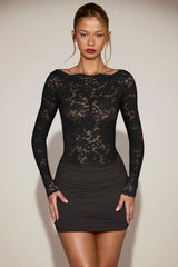 Sheer Lace Boat-Neck Mini Dress in Black