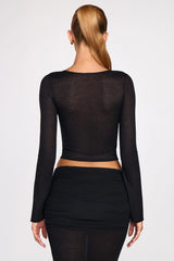 Sheer Jersey Plunge Long-Sleeve Top in Black