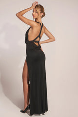 Cowl-Neck Thigh-High Gown in Black
