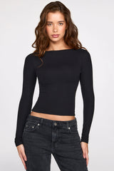 Ribbed Modal Ruched Long-Sleeve Top in Black