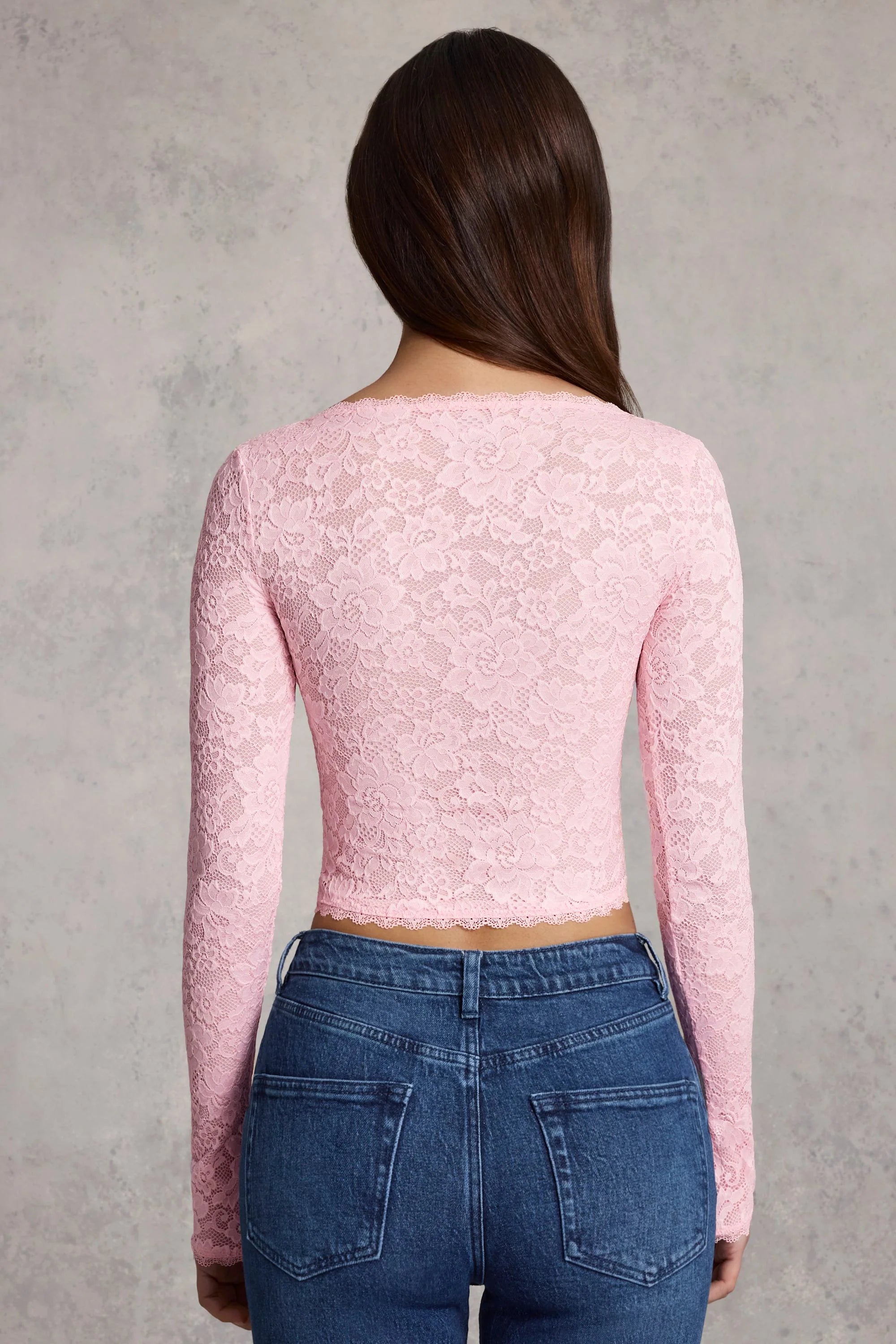 Sheer Lace Plunge-Neck Long-Sleeve Top in Pink