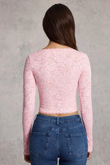 Sheer Lace Plunge-Neck Long-Sleeve Top in Pink