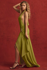 Asymmetric Halterneck Maxi Dress in Olive Green