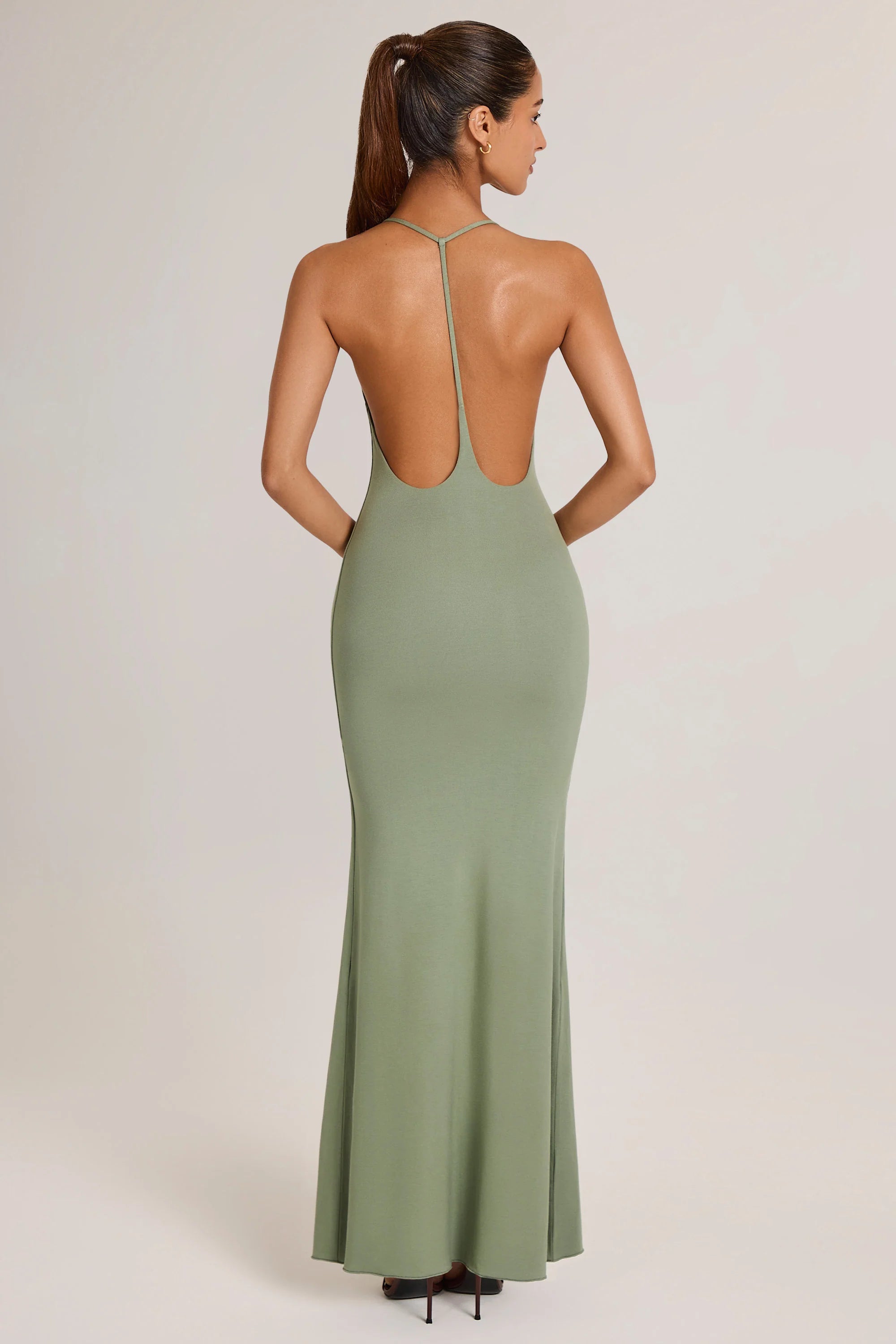 Modal Plunge Backless Maxi Dress in Sage Green