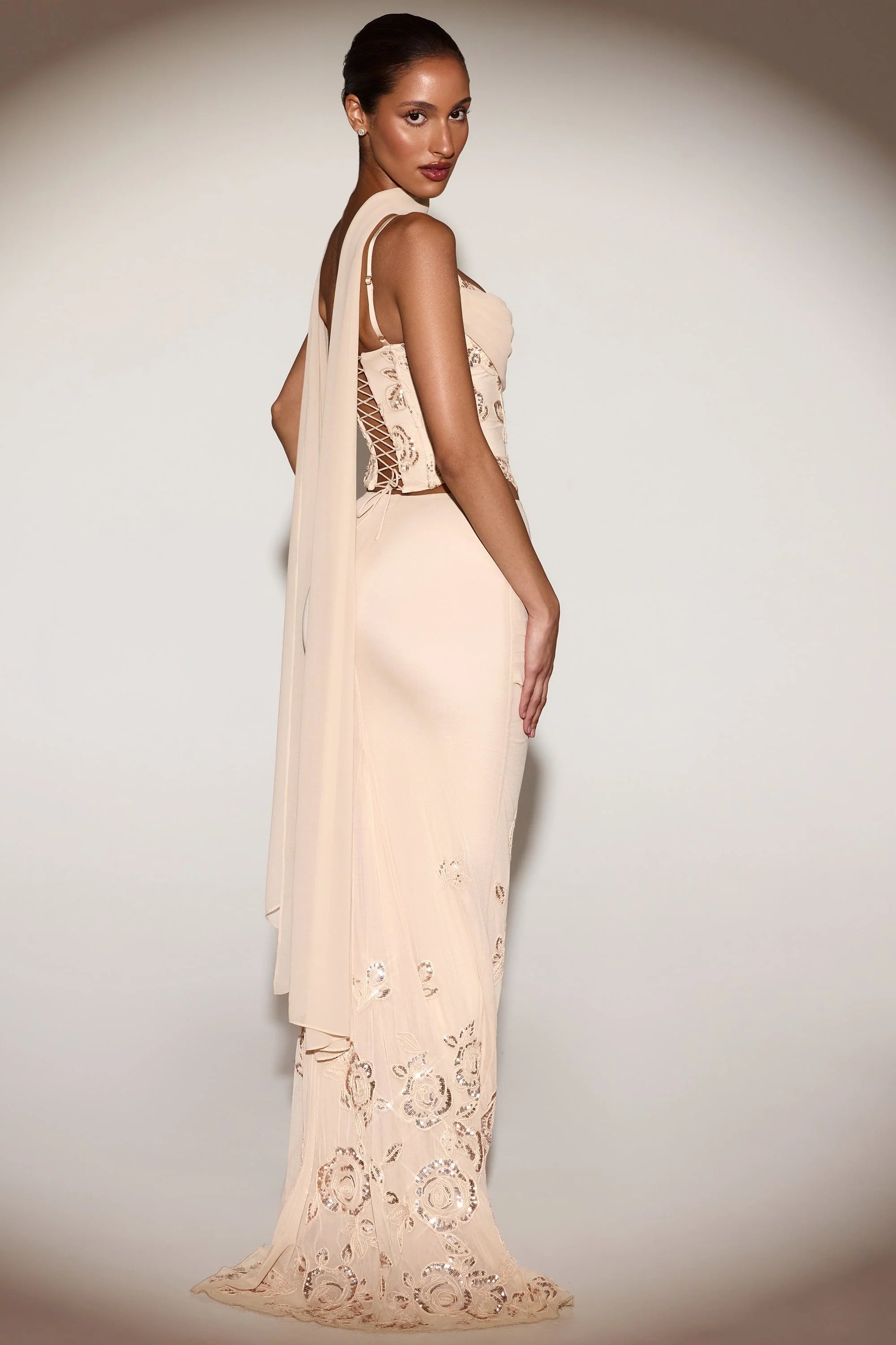 Embellished Draped Mid-Rise Gown Skirt in Gold