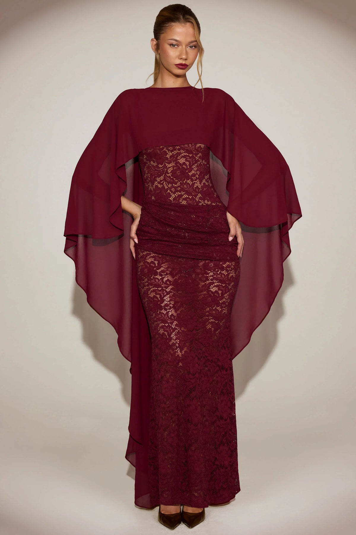 Sheer Chiffon Draped Cape in Wine Red