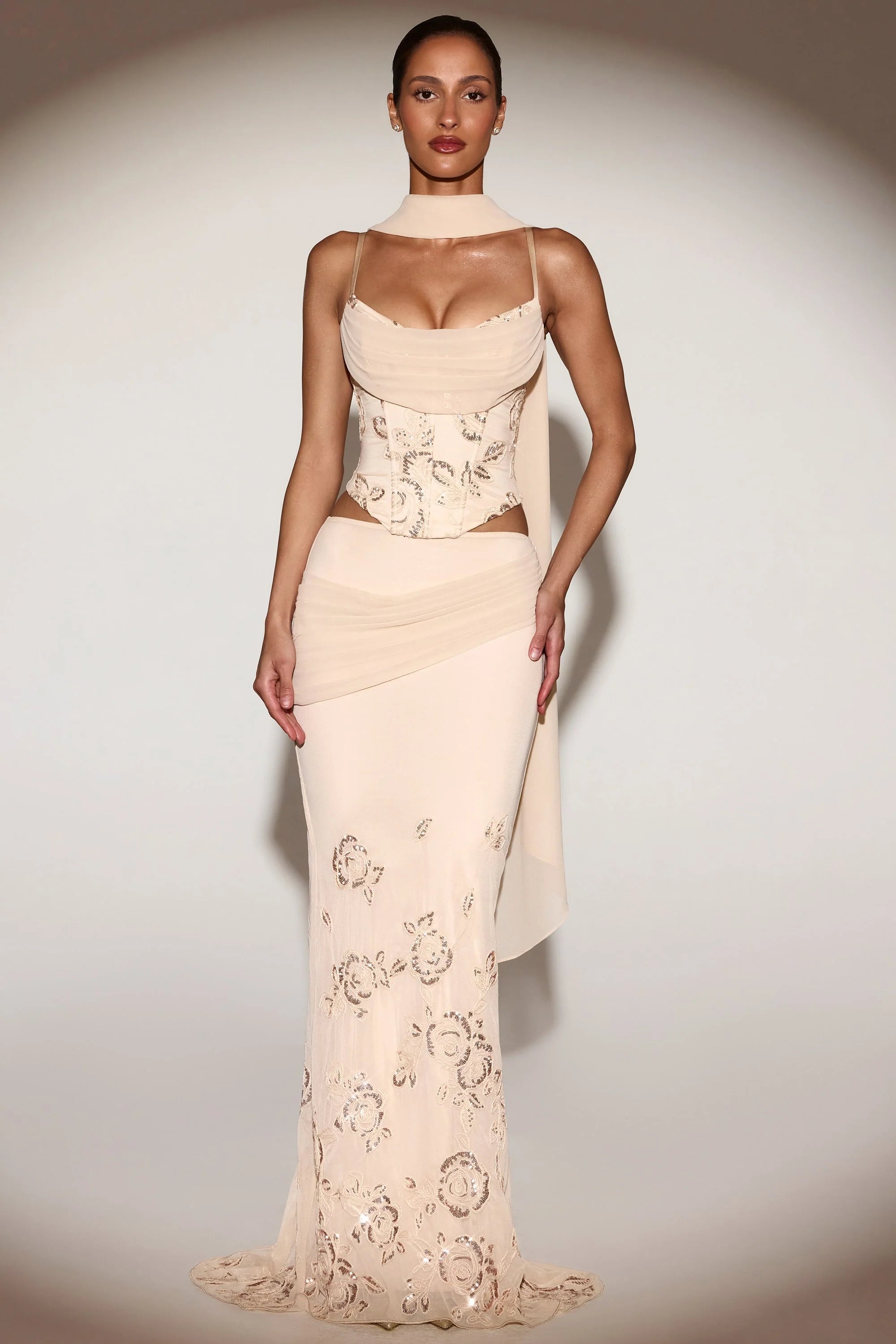Embellished Draped Mid-Rise Gown Skirt in Gold