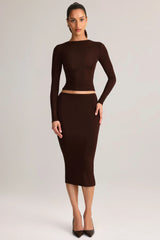 Modal Mid-Rise Pencil Midi Skirt in Chocolate Brown