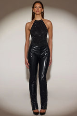 Faux Croc-Leather Straight-Leg Trousers in Black