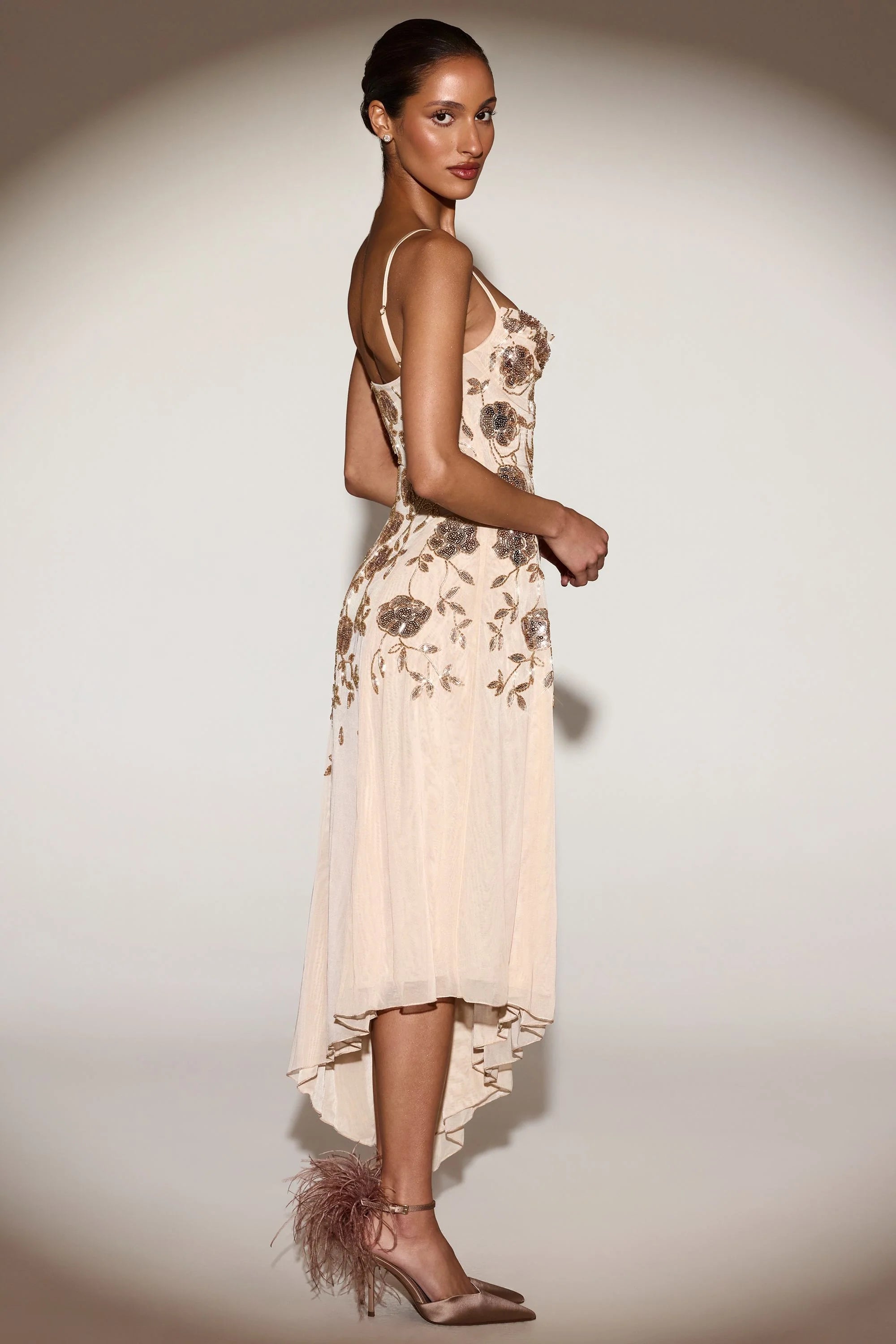 Embellished Soft-Scoop Asymmetric Midaxi Dress in Gold