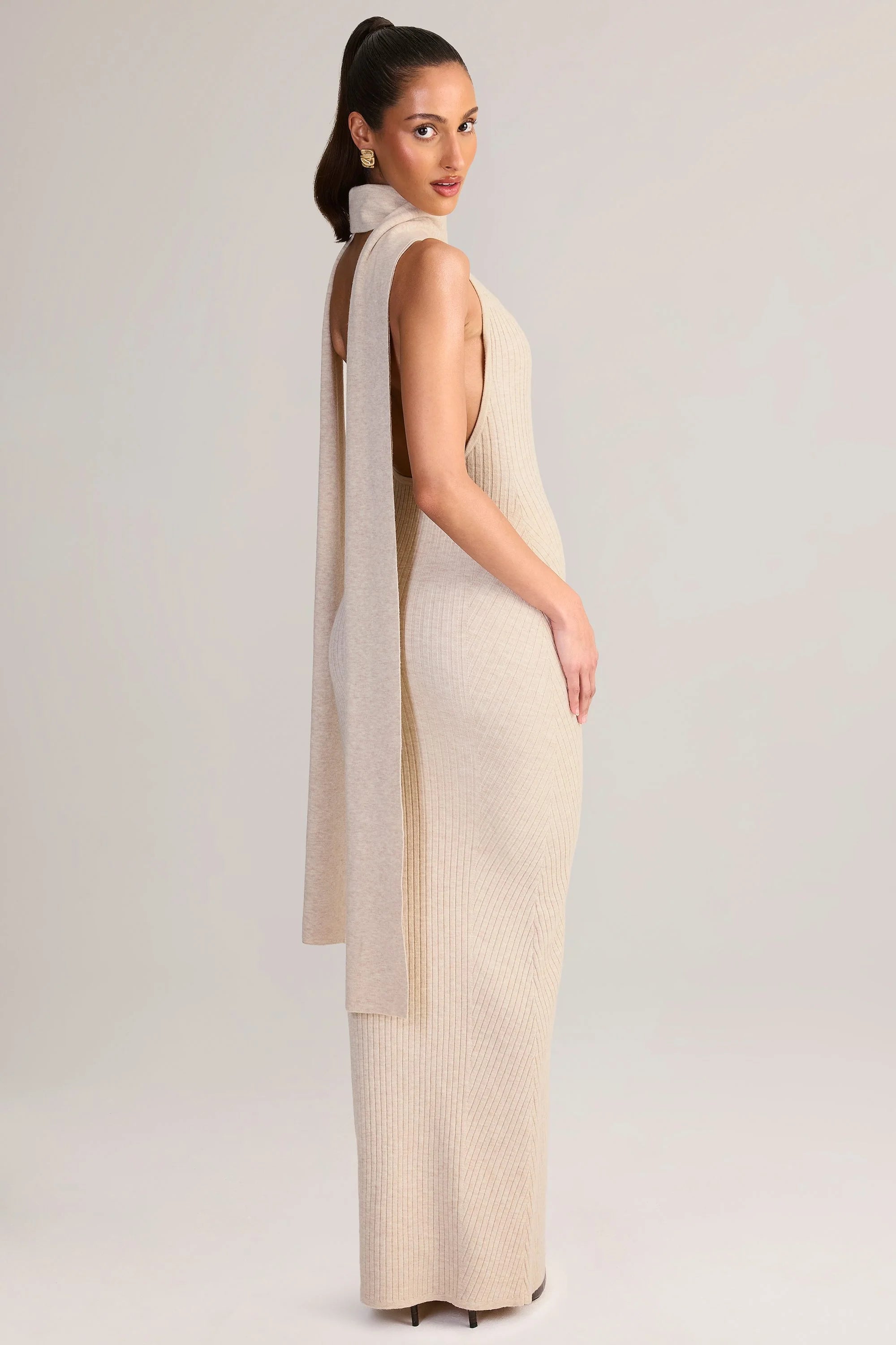Rib-Knit Scarf-Detail Halterneck Maxi Dress in Cream