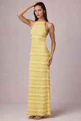 Ruffled Backless Halterneck Maxi Dress in Lemon Yellow