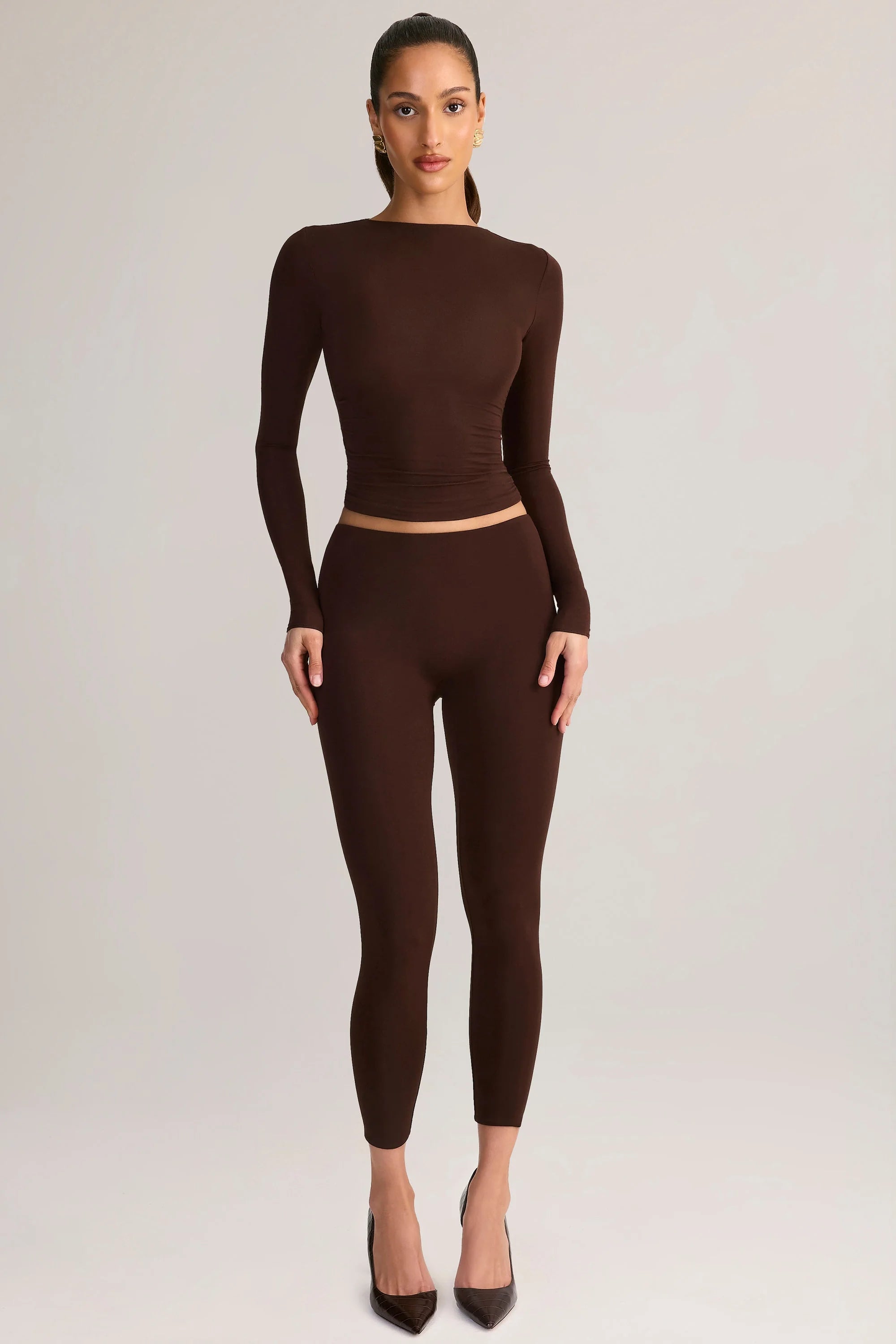 Modal Ruched Long-Sleeve Top in Chocolate Brown