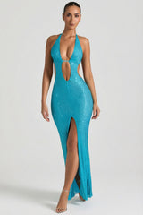Embellished Cut-Out Halterneck Maxi Dress in Aqua Blue