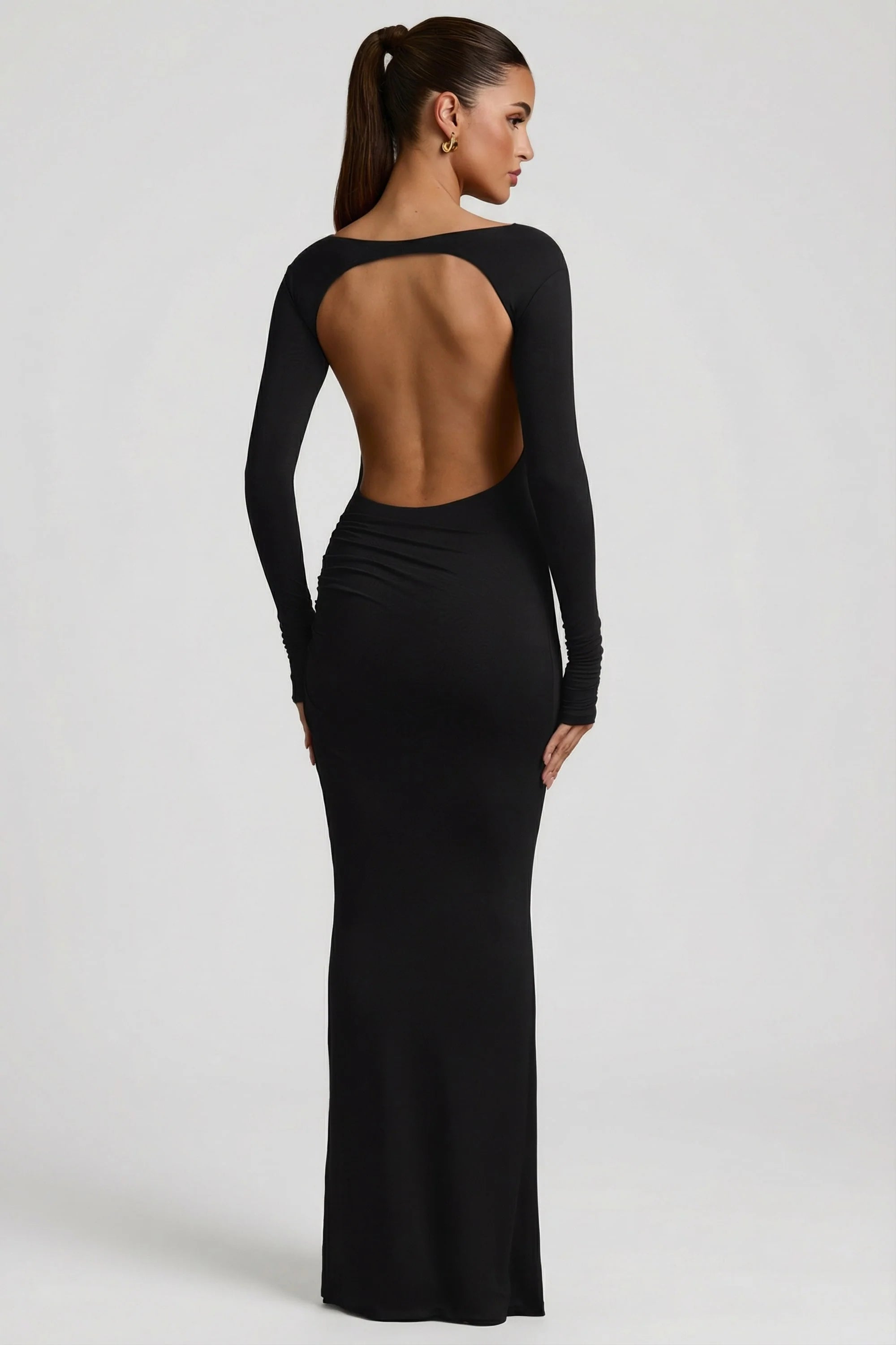 Modal Ruched Backless Maxi Dress in Black