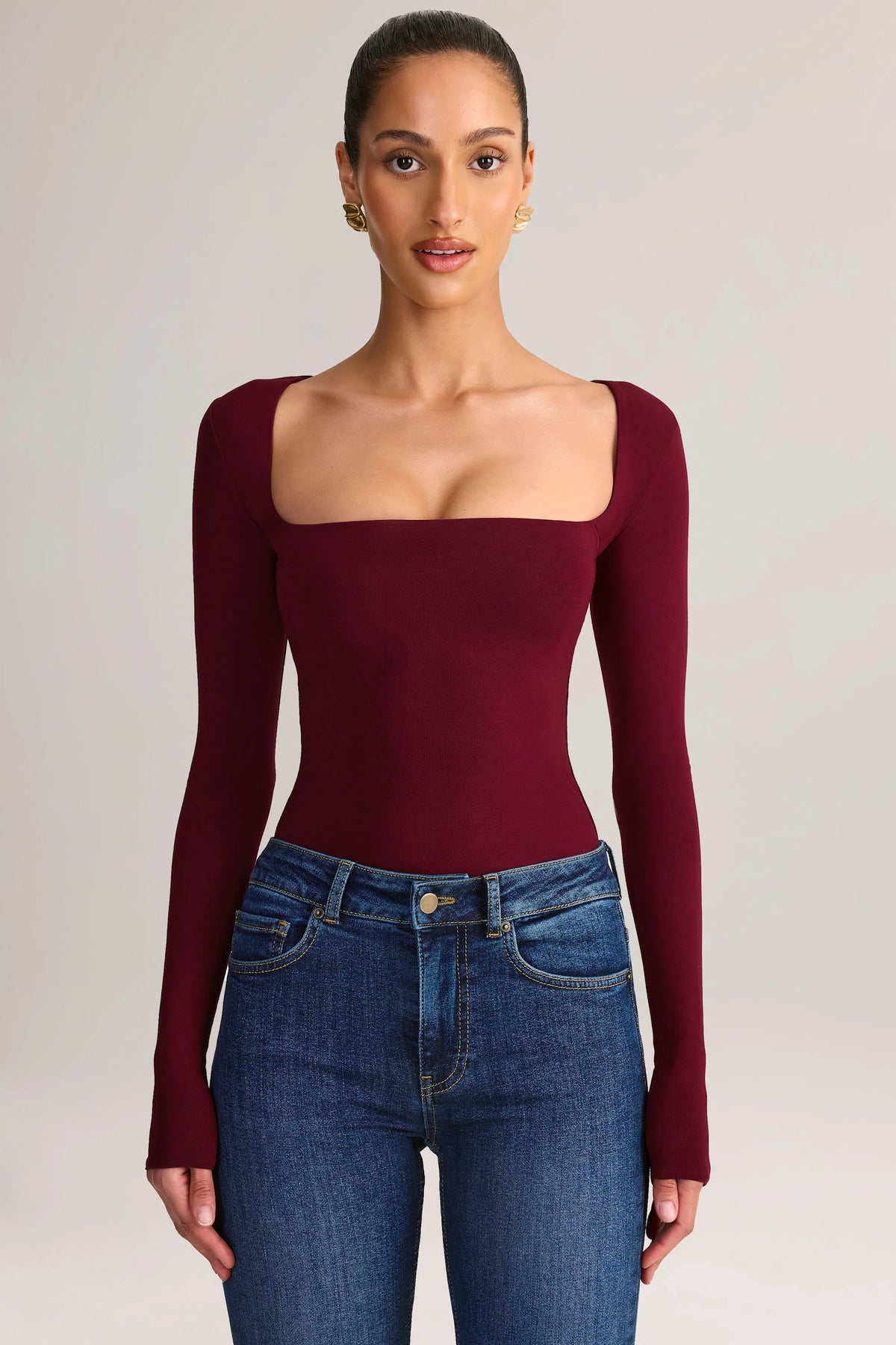 Modal Square-Neck Long-Sleeve Top in Wine
