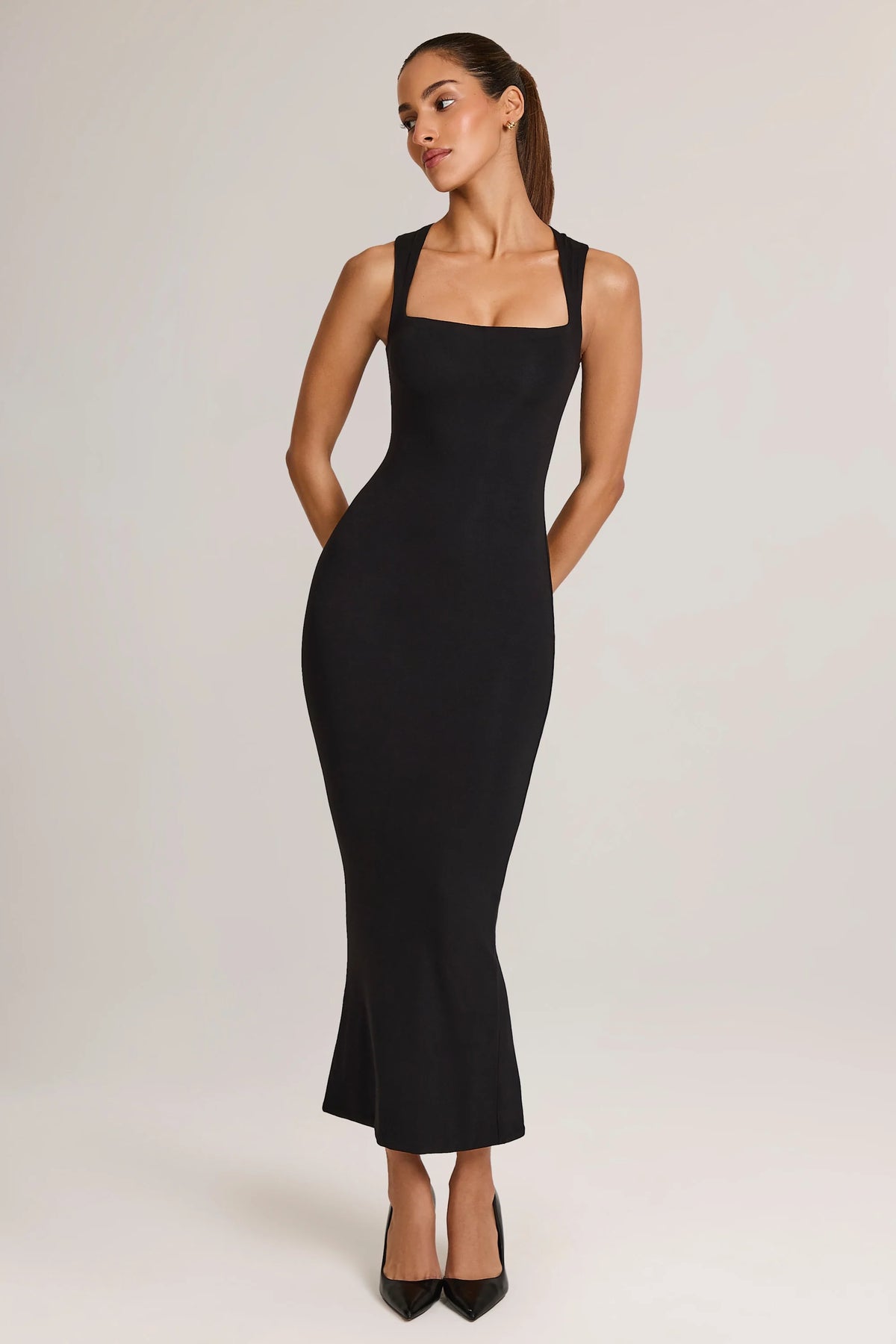 Modal Square-Neck Bodycon Midi Dress in Black