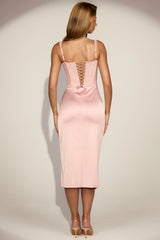 Lace Soft-Scoop Corset Satin Midaxi Dress in Pink
