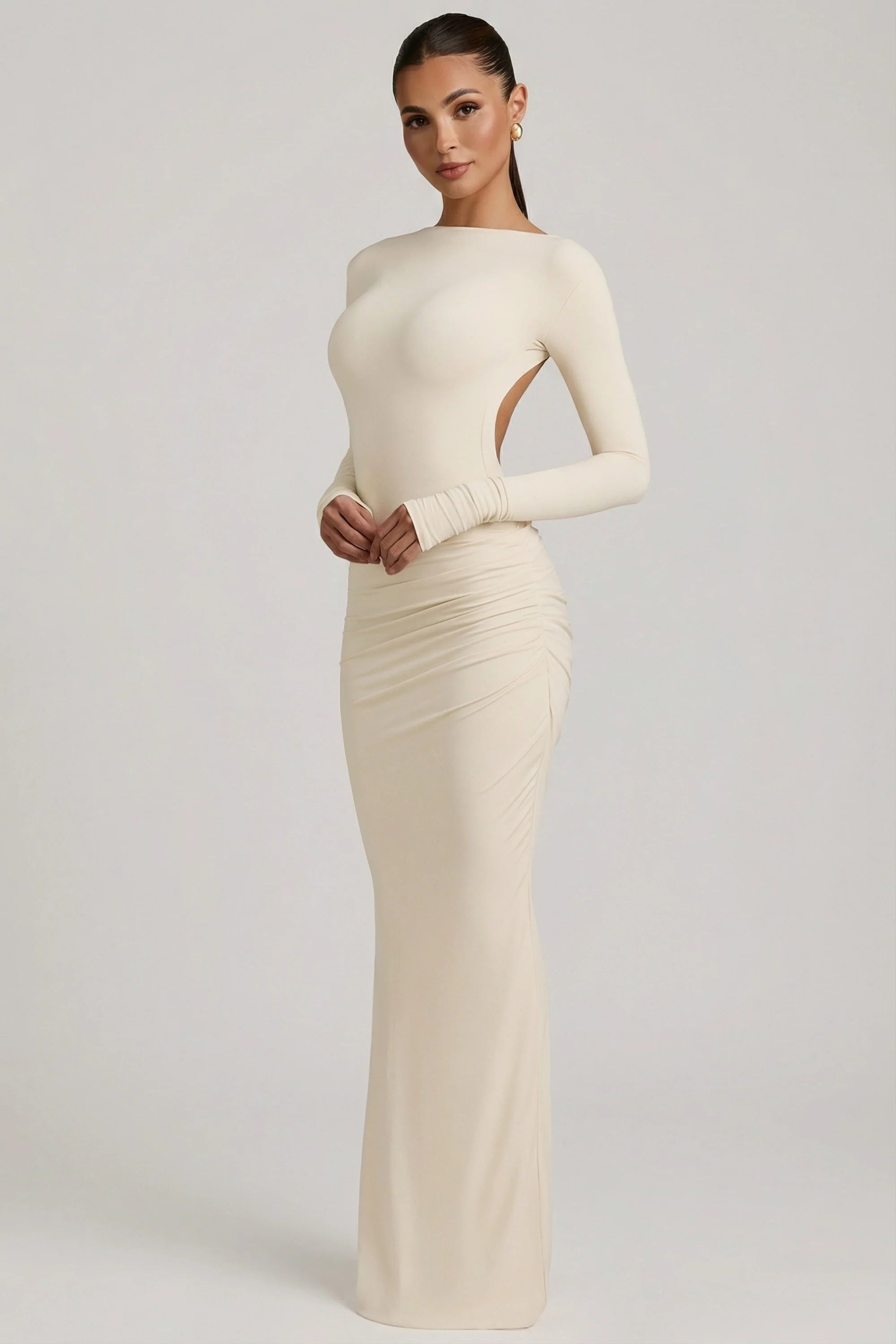 Modal Ruched Backless Maxi Dress in Ivory