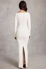 Soft Jersey Boat-Neck Tie-Gather Maxi Dress in White