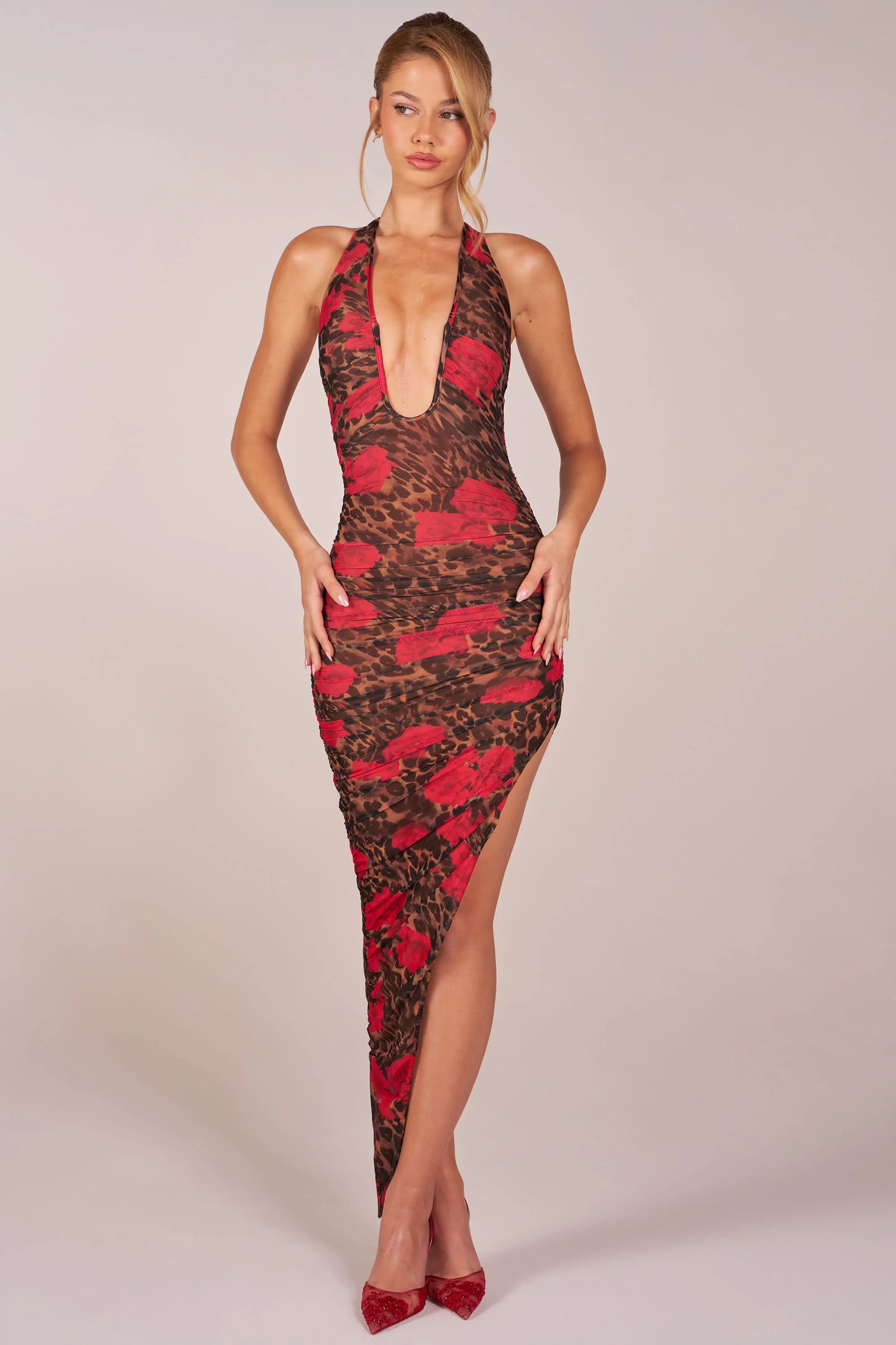Halterneck Split Hem Midaxi Dress in Rose Leopard Print