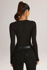 Modal Round-Neck Long-Sleeve Bodysuit in Black