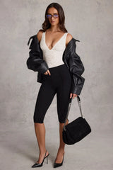 Sheer Lace Scalloped Plunge-Neck Bodysuit in White