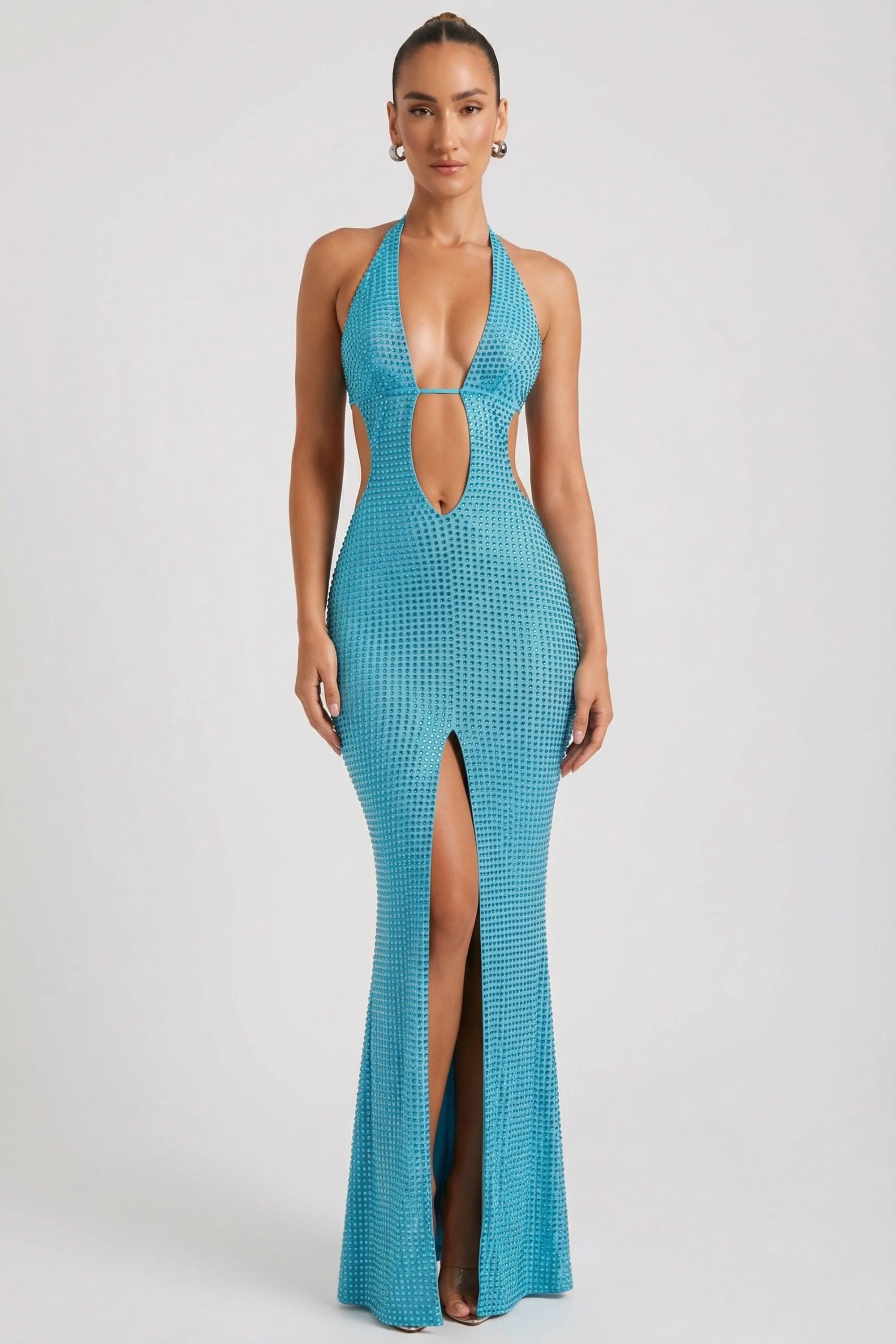 Embellished Cut-Out Halterneck Maxi Dress in Aqua Blue