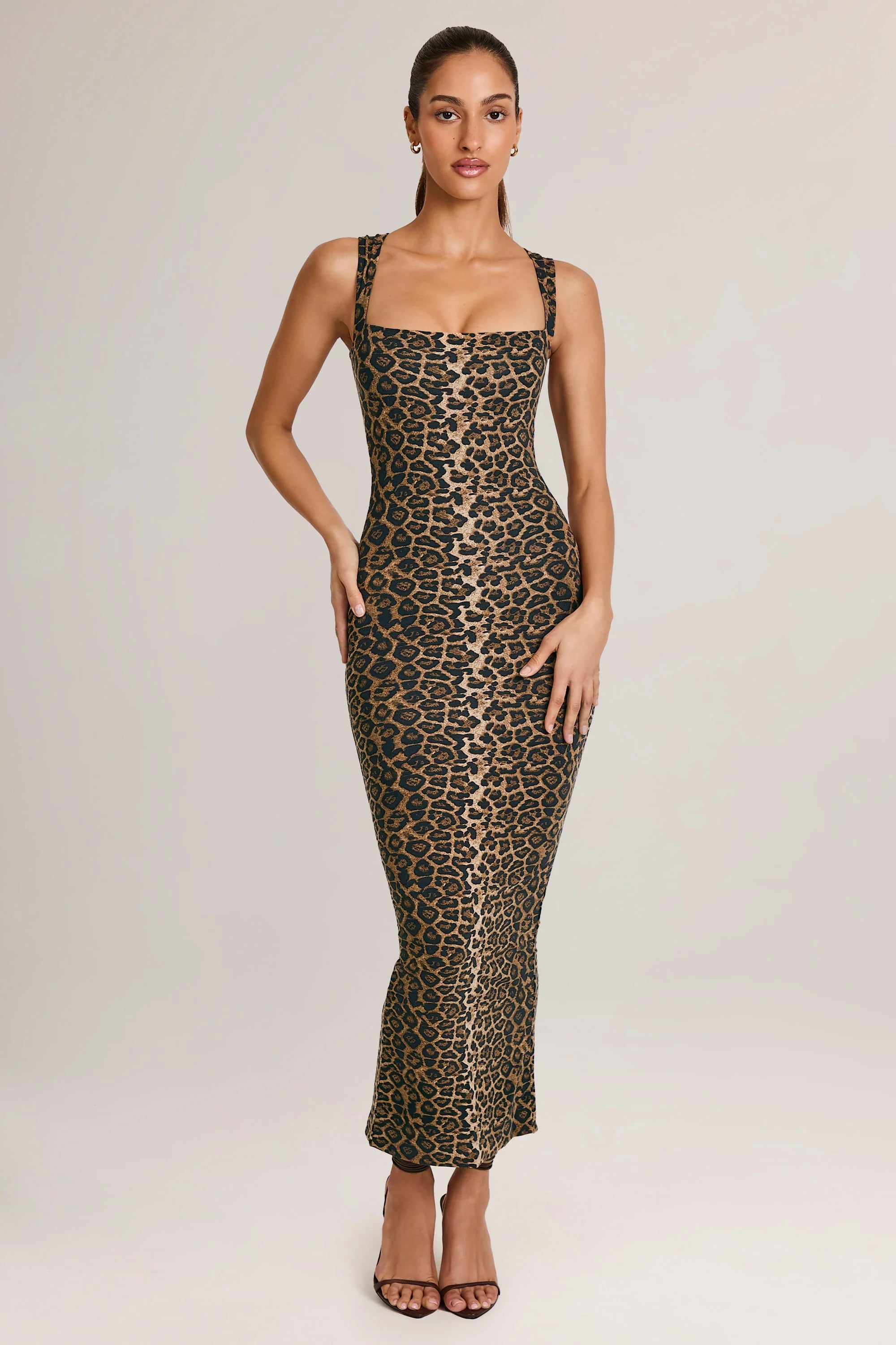 Modal Square-Neck Bodycon Midi Dress in Leopard Print