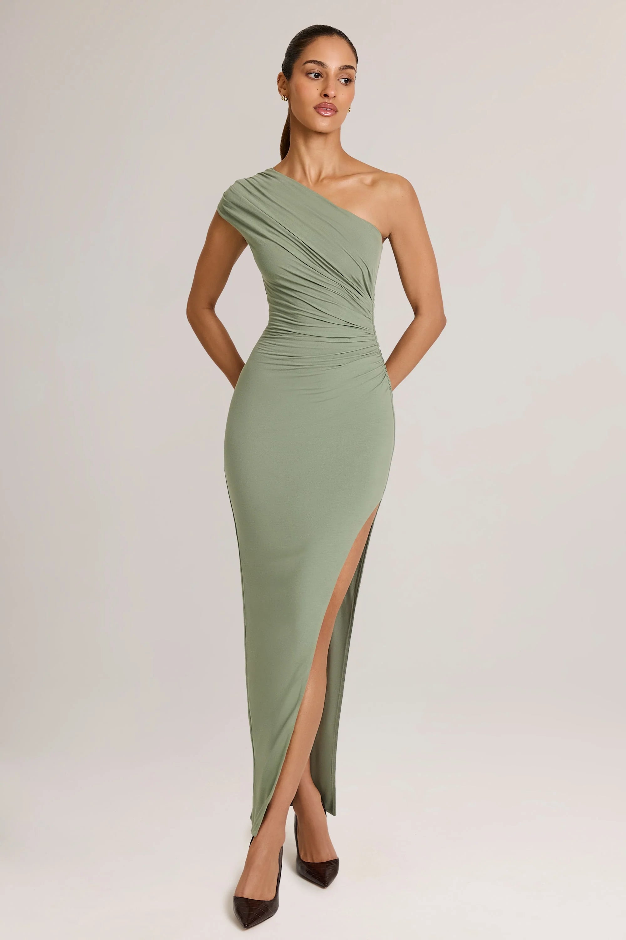 Modal Asymmetric Ruched Maxi Dress  in Sage Green