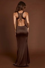 Scoop-Neck Lace-up Back Maxi Dress in Chocolate Brown