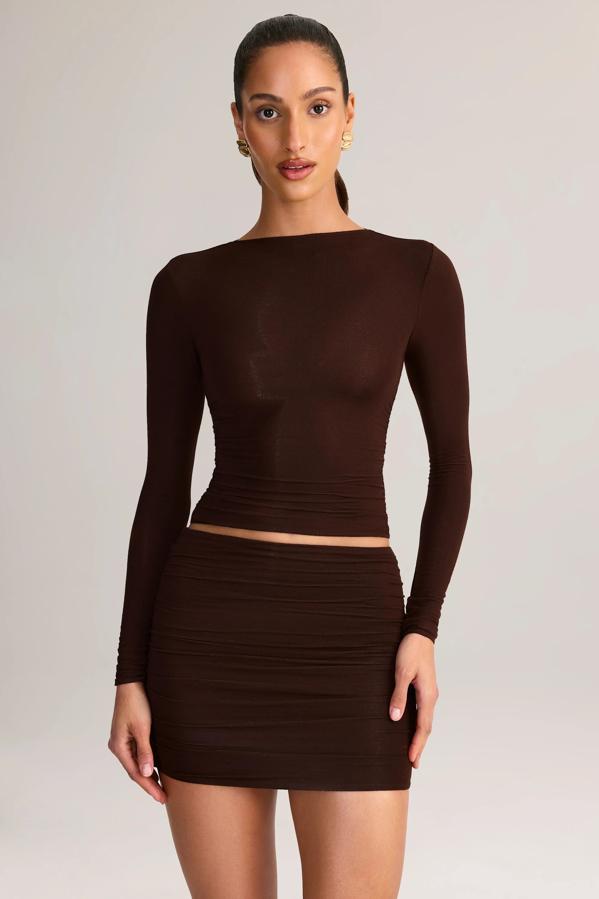 Modal Ruched Mid-Rise Mini Skirt in Chocolate Brown
