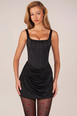 Lace-Up Draped Mini Dress in Black